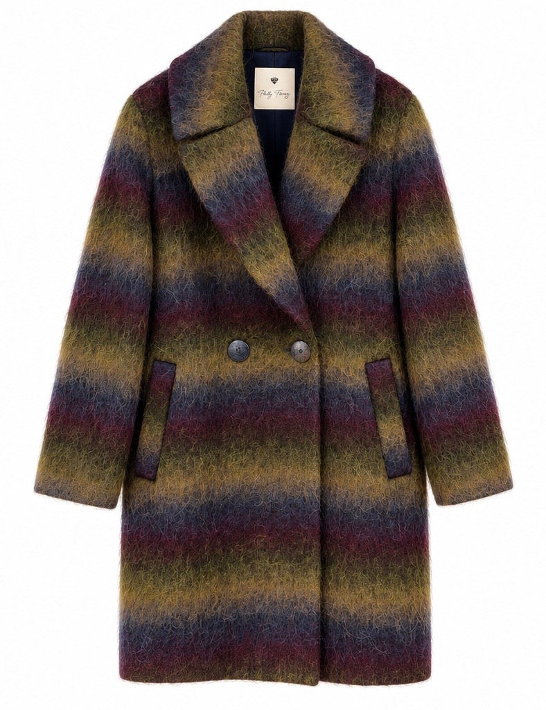 Cappotto doppiopetto a righe sfumate multicolore, vista frontale