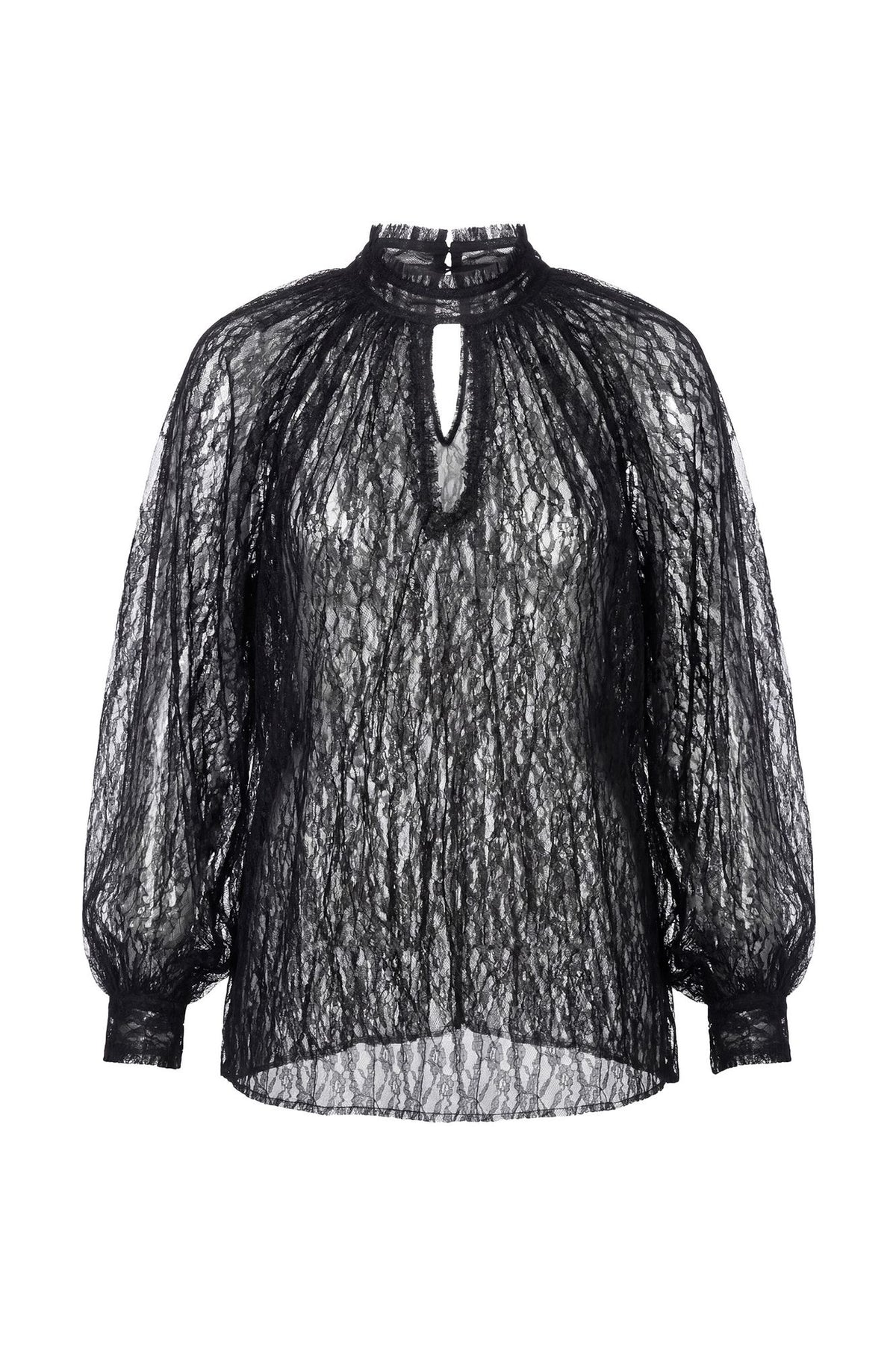 Blusa in Pizzo Nero con Collo Alto