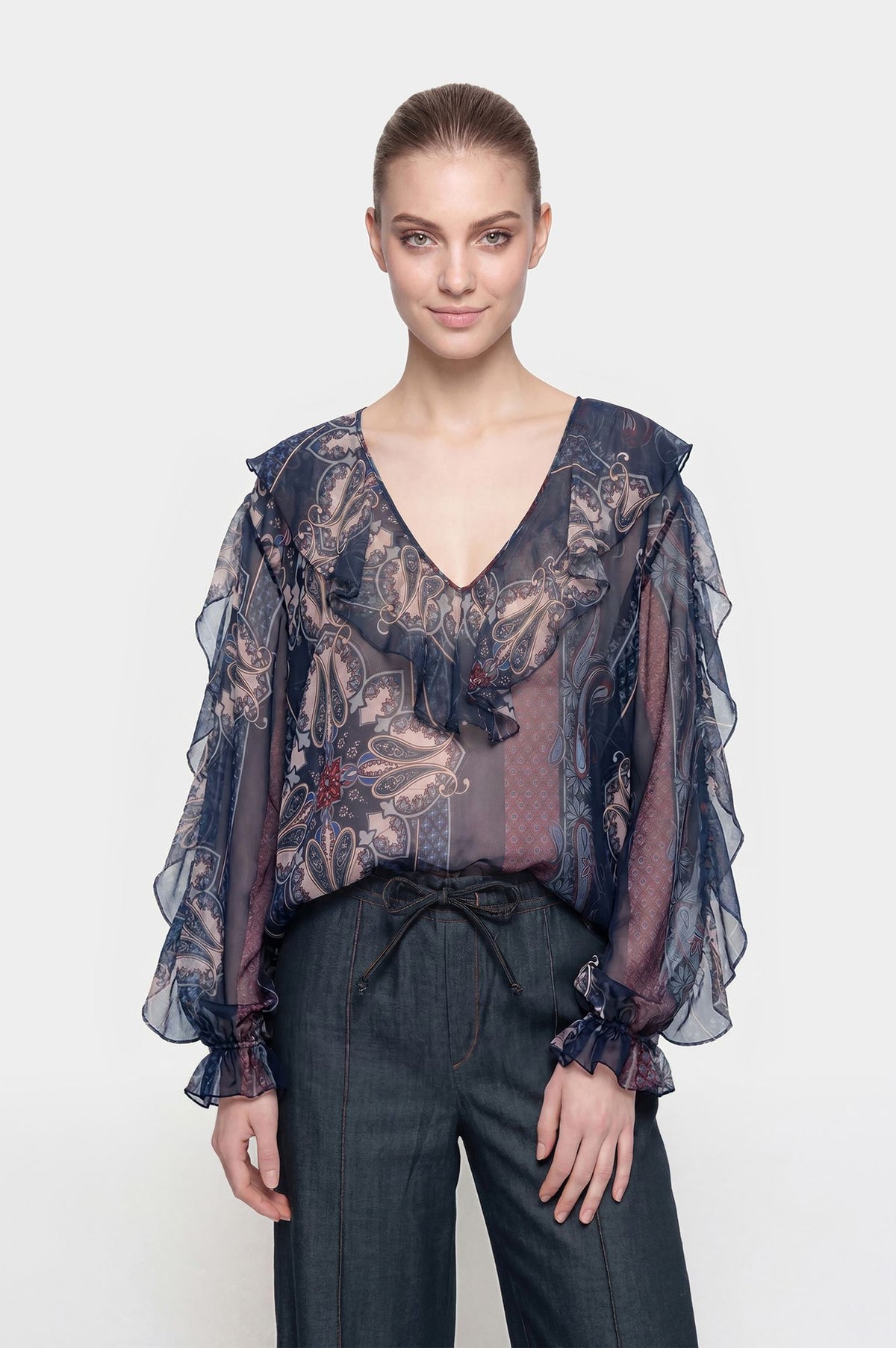 Blusa con Rouches e Stampa Foulard Cachemire