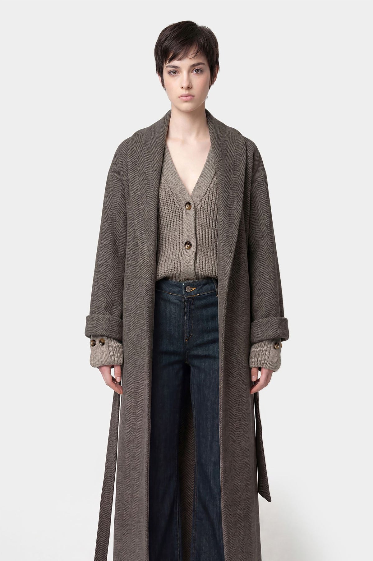 Cappotto lungo a vestaglia spina di pesce